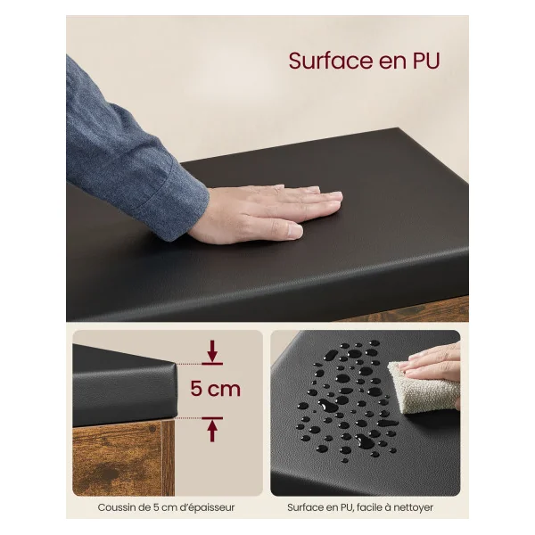 Banc à Chaussures Marron Rustique Noir avec 3 Compartiments 60 x 30 x 44 cm