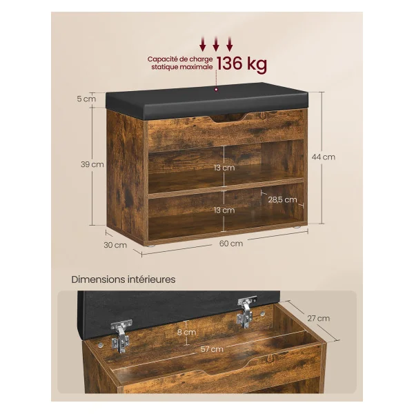 Banc à Chaussures Marron Rustique Noir avec 3 Compartiments 60 x 30 x 44 cm