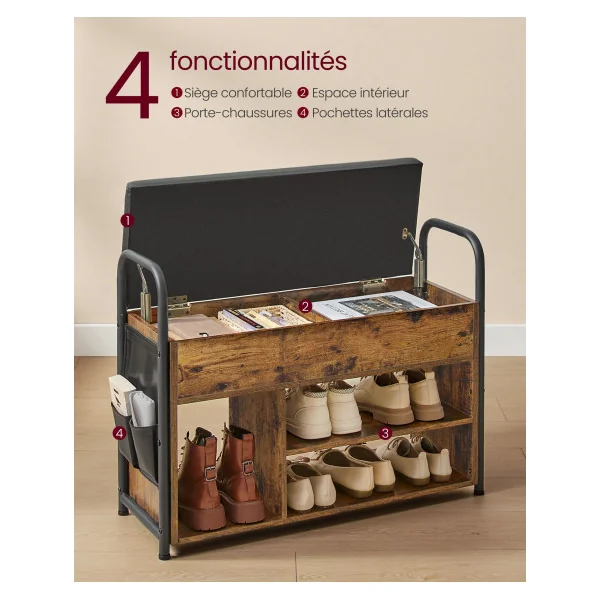 Banc à Chaussures Meuble à Chaussures Marron Rustique et Noir avec Pochette