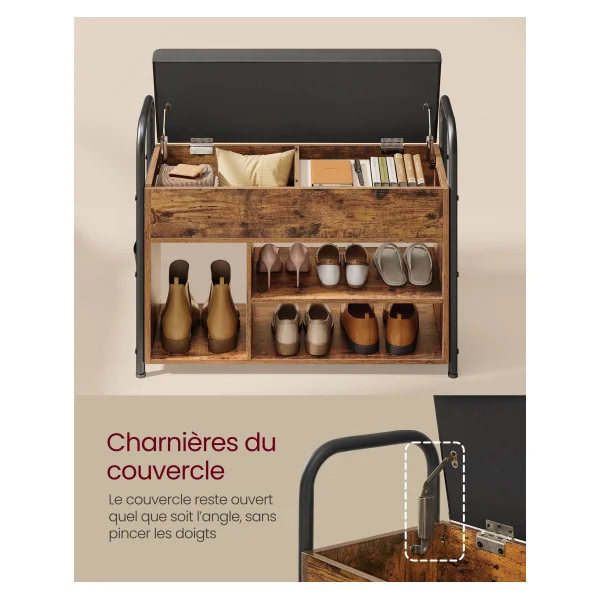 Banc à Chaussures Meuble à Chaussures Marron Rustique et Noir avec Pochette