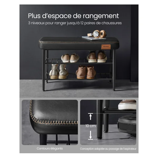 Banc à Chaussures Noir Style Industriel avec Assise Rembourrée Banc de Rangement Meuble d’Entrée