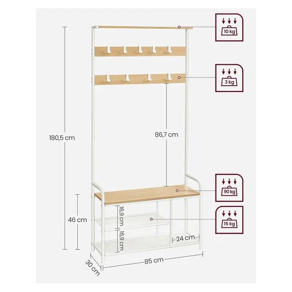 Banc à Chaussures Porte-Manteau avec Etagère à Chaussures Chêne et Blanc