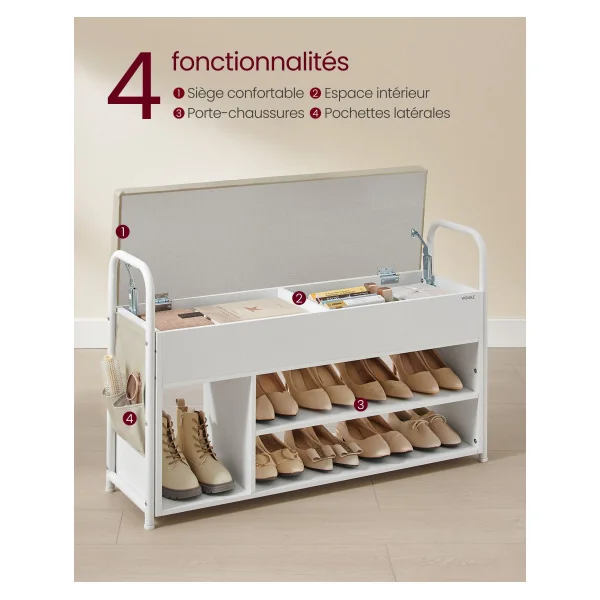Banc à Chaussures Support Chaussure Banc de Rangement Blanc Beige Meuble d’Entrée