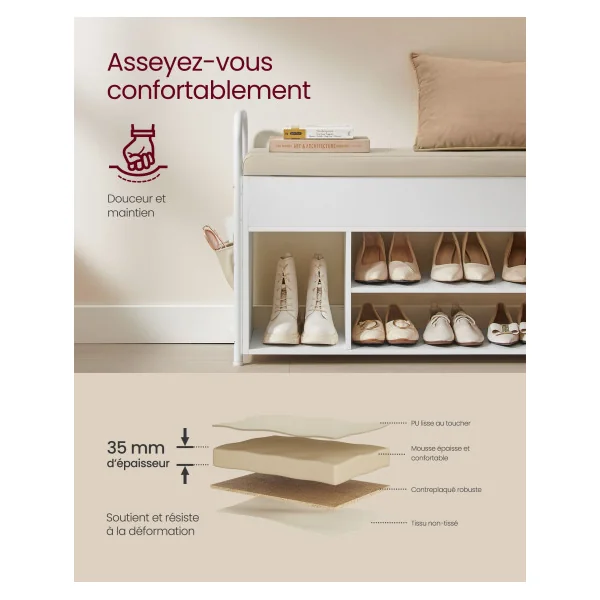 Banc à Chaussures Support Chaussure Banc de Rangement Blanc Beige Meuble d’Entrée