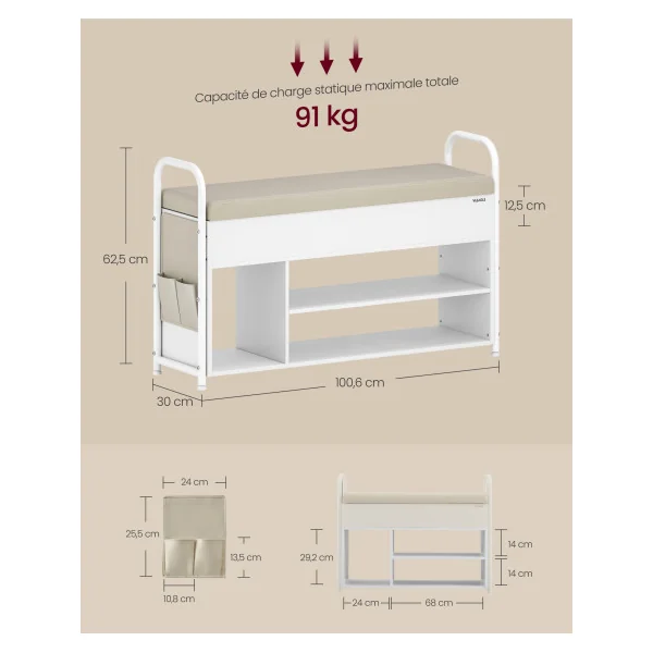 Banc à Chaussures Support Chaussure Banc de Rangement Blanc Beige Meuble d’Entrée