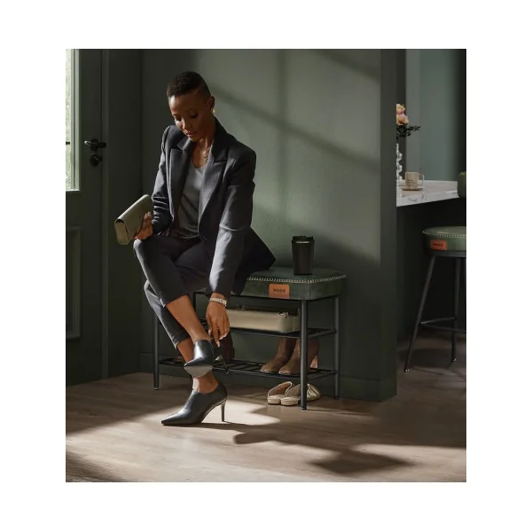 Banc à Chaussures Vert Foret Style Industriel avec Assise Rembourrée Banc de Rangement Meuble d’Entrée