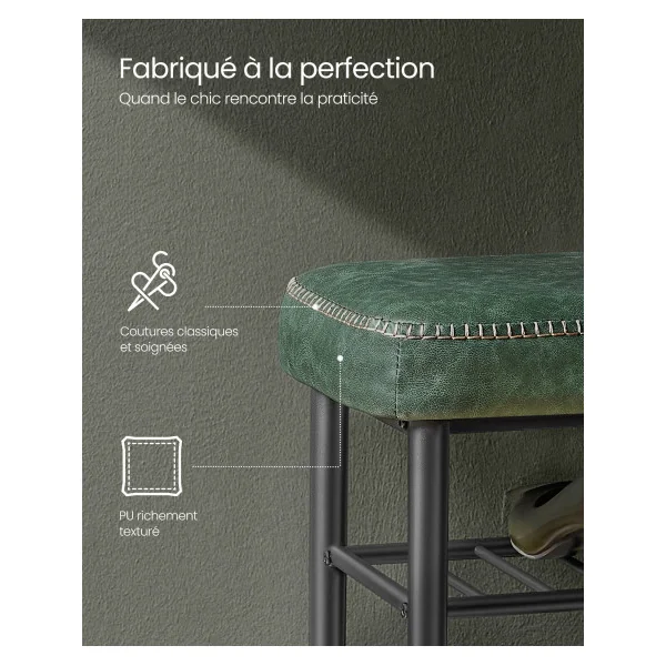 Banc à Chaussures Vert Foret Style Industriel avec Assise Rembourrée Banc de Rangement Meuble d’Entrée