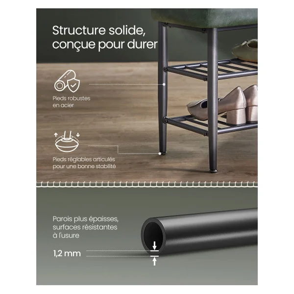 Banc à Chaussures Vert Foret Style Industriel avec Assise Rembourrée Banc de Rangement Meuble d’Entrée