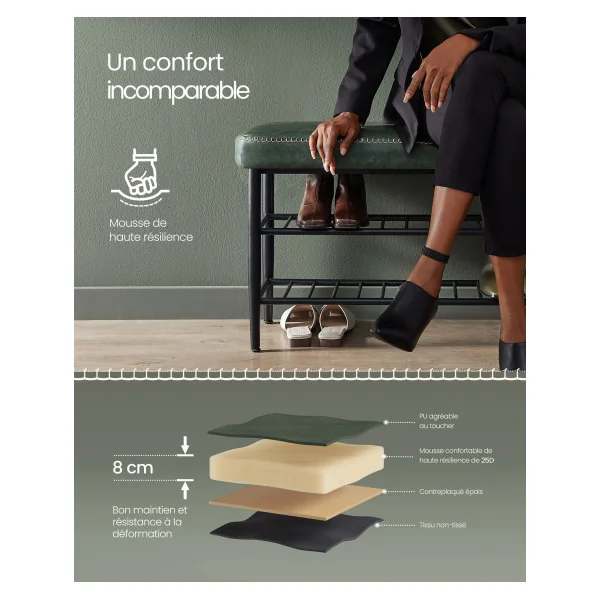 Banc à Chaussures Vert Foret Style Industriel avec Assise Rembourrée Banc de Rangement Meuble d’Entrée