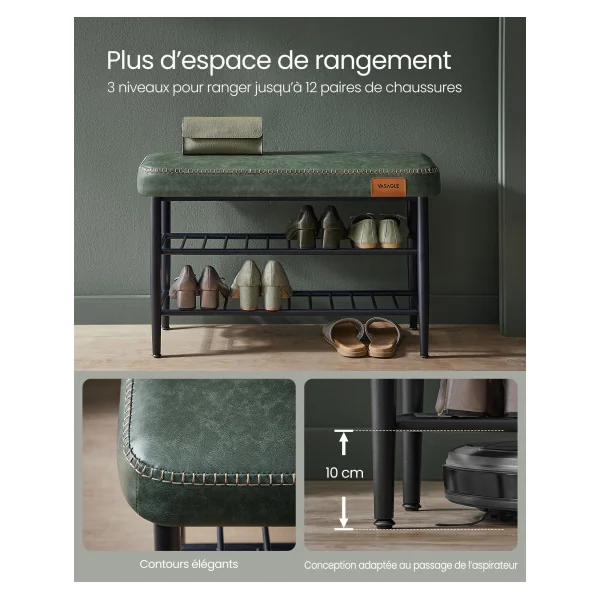 Banc à Chaussures Vert Foret Style Industriel avec Assise Rembourrée Banc de Rangement Meuble d’Entrée
