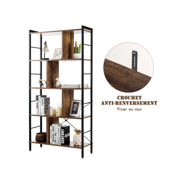 Bibliothèque 5 Niveaux 178 cm Métal Noir et Marron Rustique Etagère de Rangement Moderne