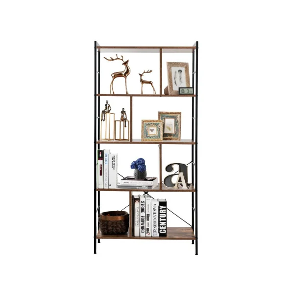 Bibliothèque 5 Niveaux 178 cm Métal Noir et Marron Rustique Etagère de Rangement Moderne