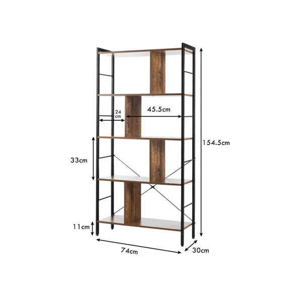 Bibliothèque 5 Niveaux 178 cm Métal Noir et Marron Rustique Etagère de Rangement Moderne