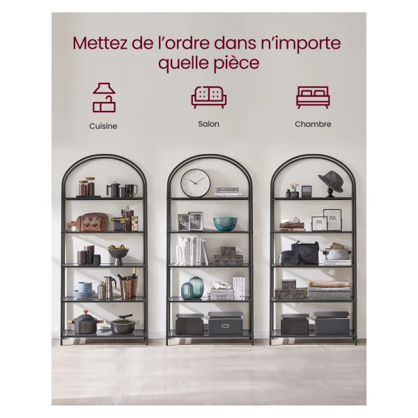 Bibliothèque 5 Niveaux Noir et Gris Étagère de Rangement en Verre Trempé Salon Chambre