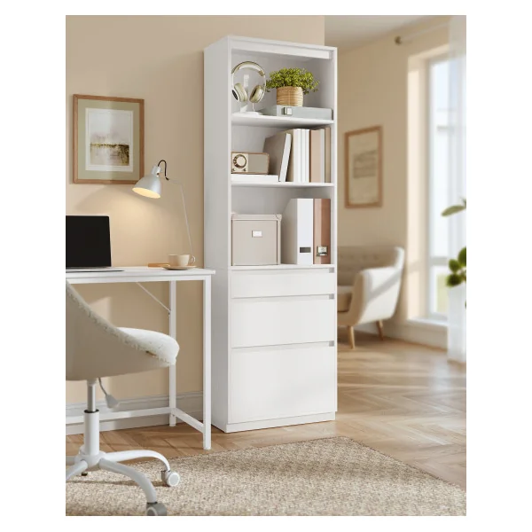 Bibliothèque avec 3 tiroirs 180 cm Blanc Neige Armoire Haute Salon