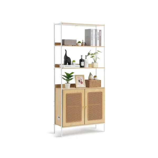 Bibliothèque Bois Naturel et Rotin avec Placard Meuble Rangement Salon Chambre