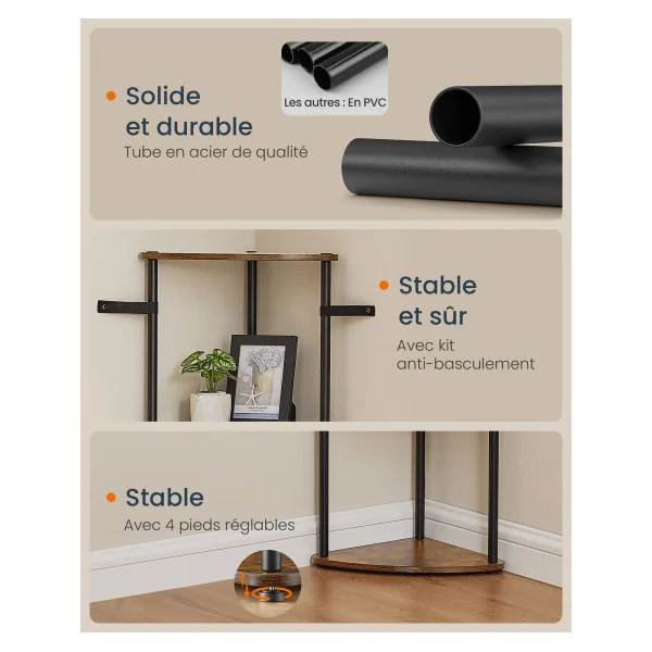 Bibliothèque d'Angle Etagère d'Angle à 5 Niveaux Marron Rustique Noir