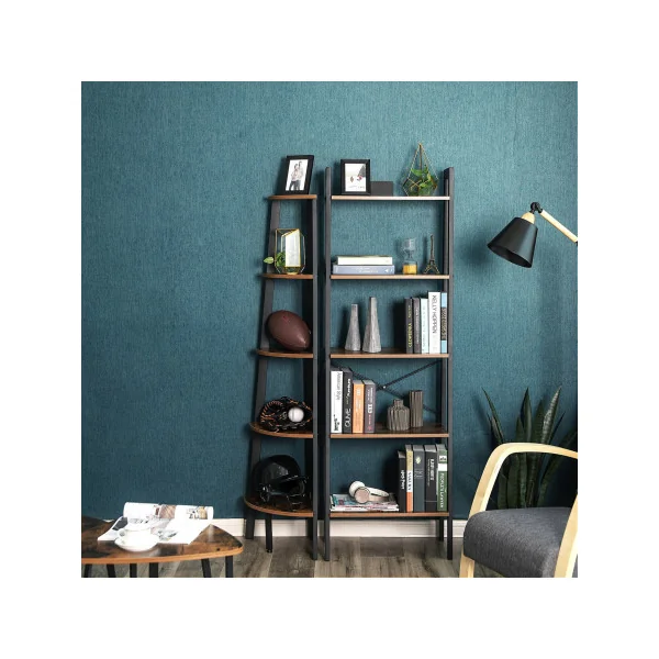 Bibliothèque d'Angle Etagère Echelle 5 Niveaux Marron Rustique Noir