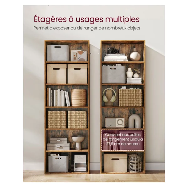 Bibliothèque de Rangement 6 Niveaux Marron Rustique Étagère de Rangement Salon Bureau Chambre