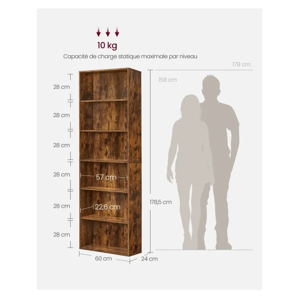 Bibliothèque de Rangement 6 Niveaux Marron Rustique Étagère de Rangement Salon Bureau Chambre