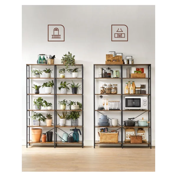 Bibliothèque Haute 6 Niveaux Etagère de Rangement Marron Rustique Industriel