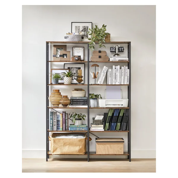 Bibliothèque Haute 6 Niveaux Etagère de Rangement Marron Rustique Industriel