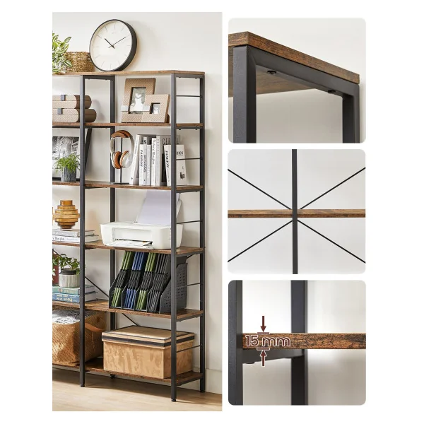 Bibliothèque Haute 6 Niveaux Etagère de Rangement Marron Rustique Industriel