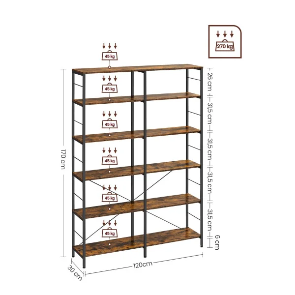 Bibliothèque Haute 6 Niveaux Etagère de Rangement Marron Rustique Industriel