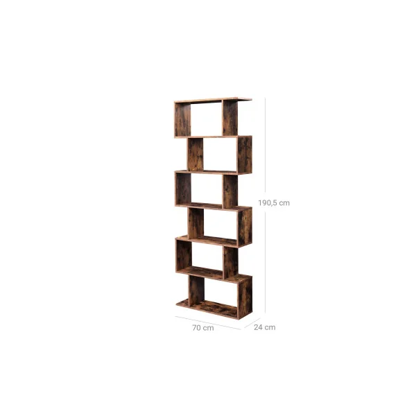 Bibliothèque Marron Rustique Etagère Zigzag 6 niveaux Meuble de rangement Cloison Séparateur pour Salon