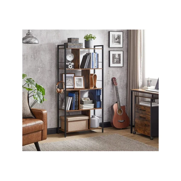 Bibliothèque Marron Rustique Noir 5 Niveaux Etagère de Rangement avec Compartiments Ouverts