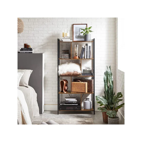 Bibliothèque Marron Rustique Noir 5 Niveaux Etagère de Rangement avec Compartiments Ouverts
