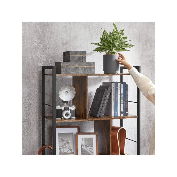 Bibliothèque Marron Rustique Noir 5 Niveaux Etagère de Rangement avec Compartiments Ouverts