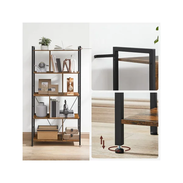 Bibliothèque Marron Rustique Noir 5 Niveaux Etagère de Rangement avec Compartiments Ouverts