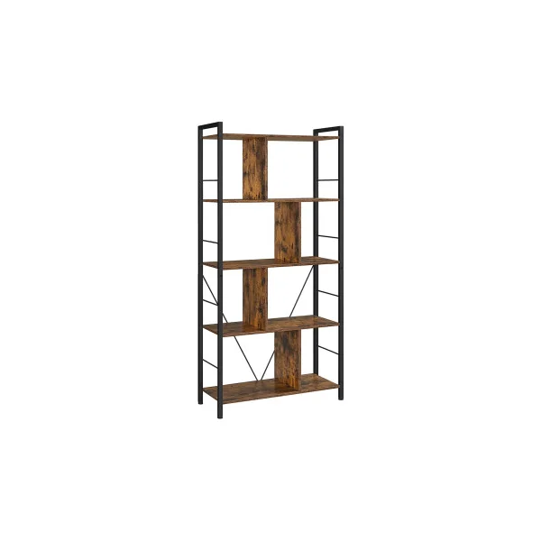 Bibliothèque Marron Rustique Noir 5 Niveaux Etagère de Rangement avec Compartiments Ouverts