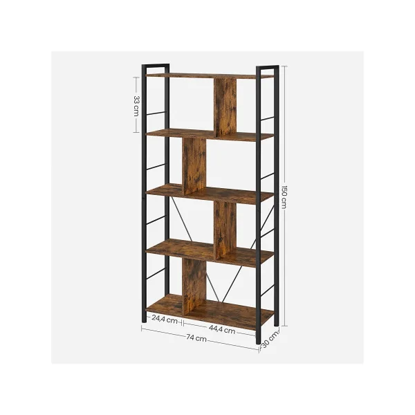Bibliothèque Marron Rustique Noir 5 Niveaux Etagère de Rangement avec Compartiments Ouverts