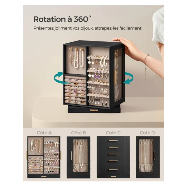 Boîte à Bijoux 360° Noir Graphite Coffret à Bijoux avec 5 Tiroirs Fenêtres en Verre