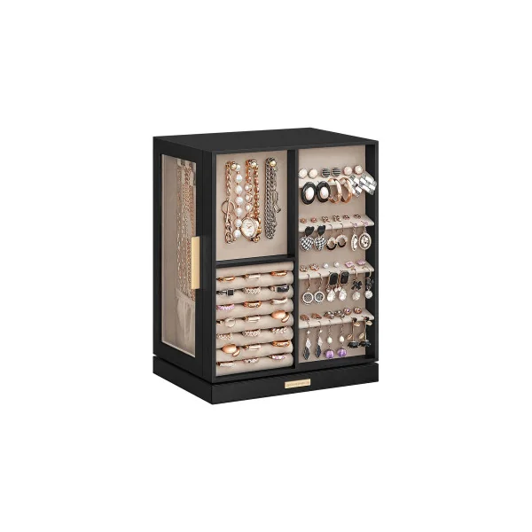 Boîte à Bijoux 360° Noir Graphite Coffret à Bijoux avec 5 Tiroirs Fenêtres en Verre
