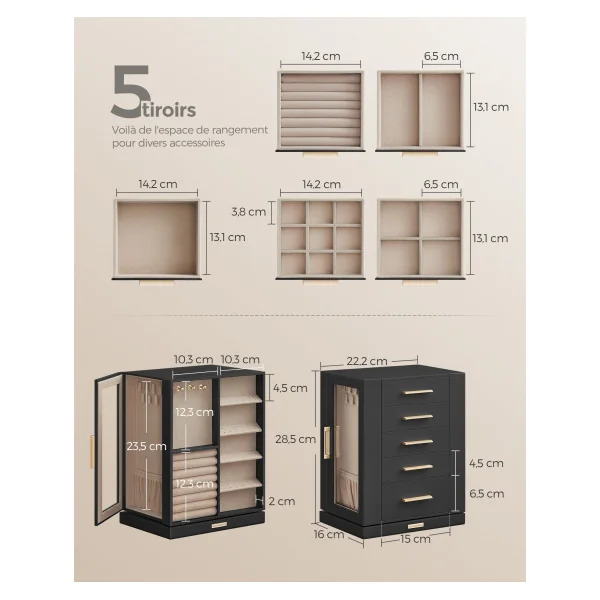 Boîte à Bijoux 360° Noir Graphite Coffret à Bijoux avec 5 Tiroirs Fenêtres en Verre