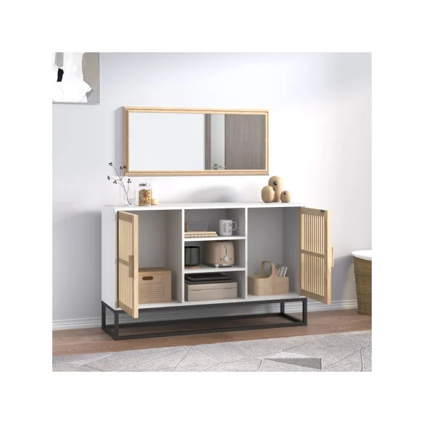 Buffet 2 Portes 3 Rangements Blanc et Bois Ajouré Pieds Métal Noir Meuble Salon Rangement Chambre