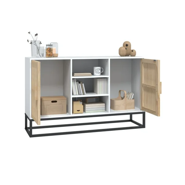 Buffet 2 Portes 3 Rangements Blanc et Bois Ajouré Pieds Métal Noir Meuble Salon Rangement Chambre
