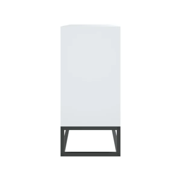Buffet 2 Portes 3 Rangements Blanc et Bois Ajouré Pieds Métal Noir Meuble Salon Rangement Chambre