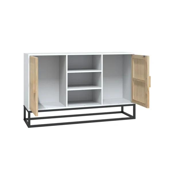 Buffet 2 Portes 3 Rangements Blanc et Bois Ajouré Pieds Métal Noir Meuble Salon Rangement Chambre