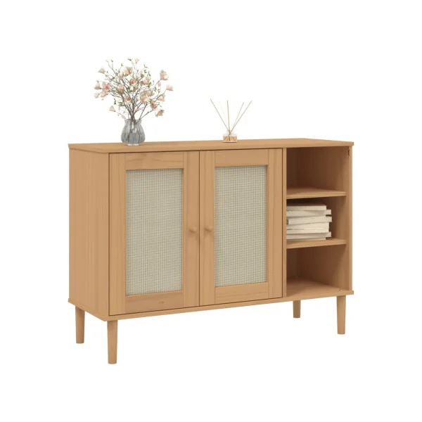 Buffet 2 Portes 3 Rangements Bois de Pin Aspect Rotin Meuble Salon Rangement Chambre