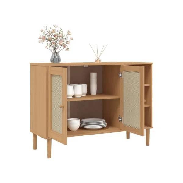 Buffet 2 Portes 3 Rangements Bois de Pin Aspect Rotin Meuble Salon Rangement Chambre