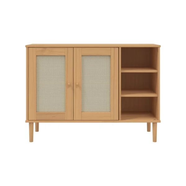 Buffet 2 Portes 3 Rangements Bois de Pin Aspect Rotin Meuble Salon Rangement Chambre