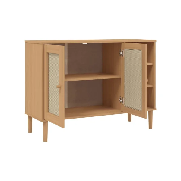 Buffet 2 Portes 3 Rangements Bois de Pin Aspect Rotin Meuble Salon Rangement Chambre