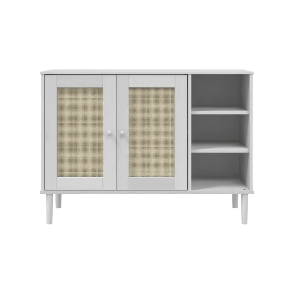 Buffet 2 Portes 3 Rangements Bois de Pin Blanc Aspect Rotin Meuble Salon Rangement Chambre