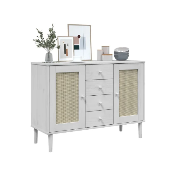 Buffet 2 Portes 4 Tiroirs Bois de Pin Blanc Aspect Rotin Meuble Salon Rangement Chambre