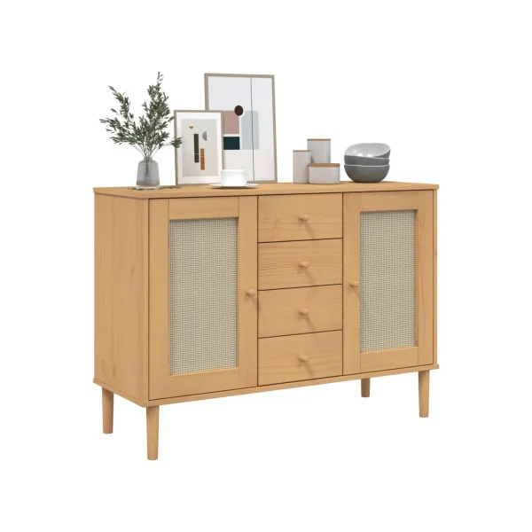 Buffet 2 Portes 4 Tiroirs Bois de Pin Marron Aspect Rotin Meuble Salon Rangement Chambre