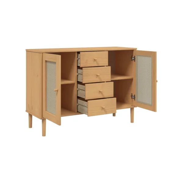 Buffet 2 Portes 4 Tiroirs Bois de Pin Marron Aspect Rotin Meuble Salon Rangement Chambre